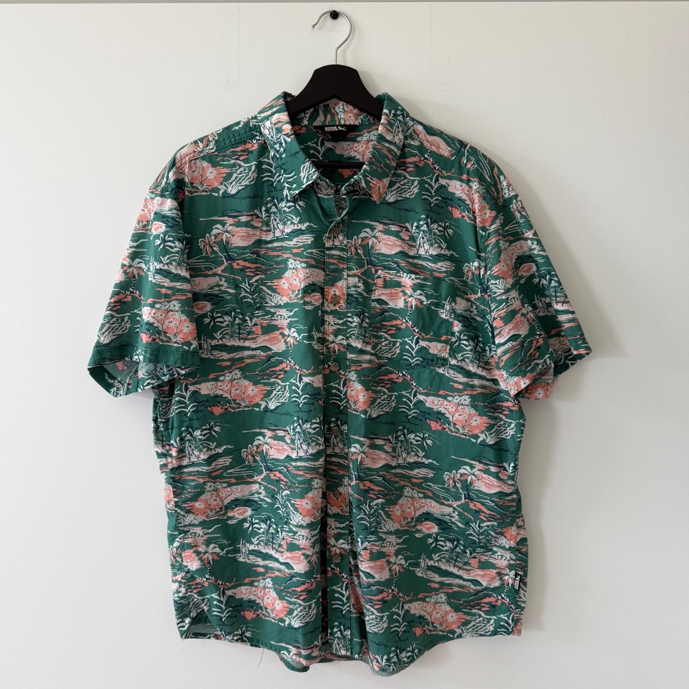 Eddie Bauer Mens XL Green Tropical Palm Tree Surfboard Cotton Button Down Shirt